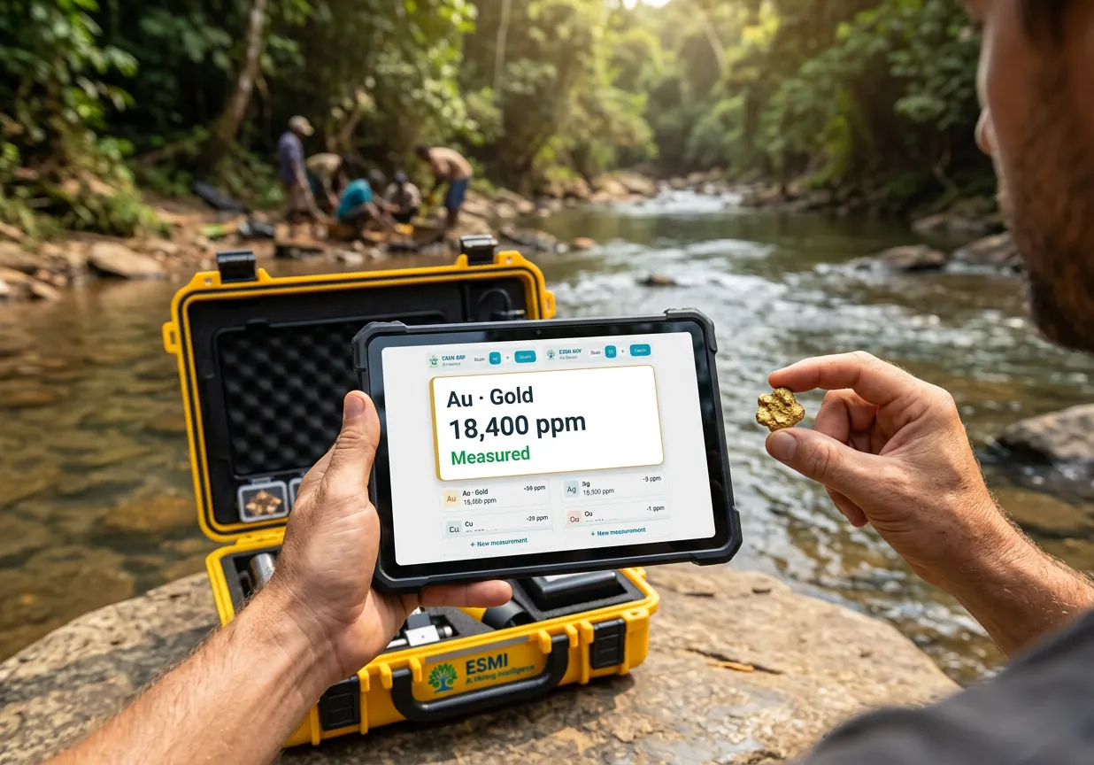 Tablet with ESMI XRF software showing Au 18,400 ppm next to a gold nugget