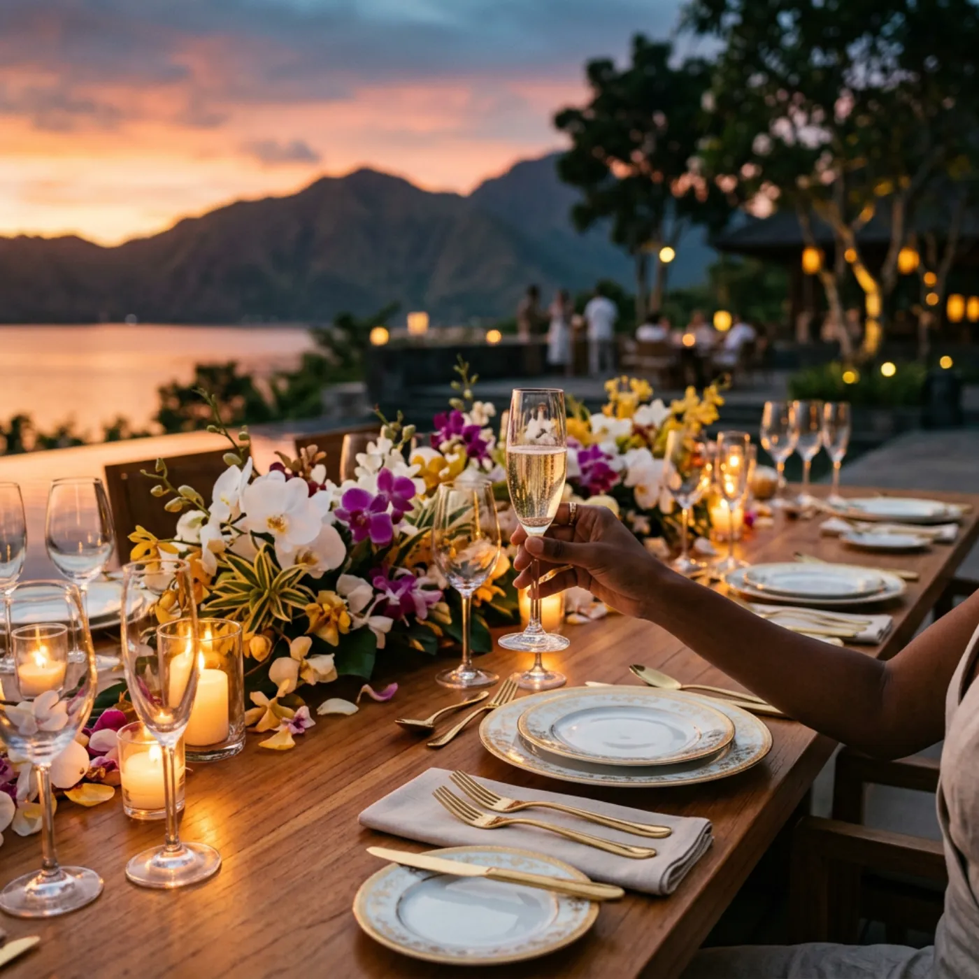 Candle-lit dinner with gold cutlery above Lake Tondano