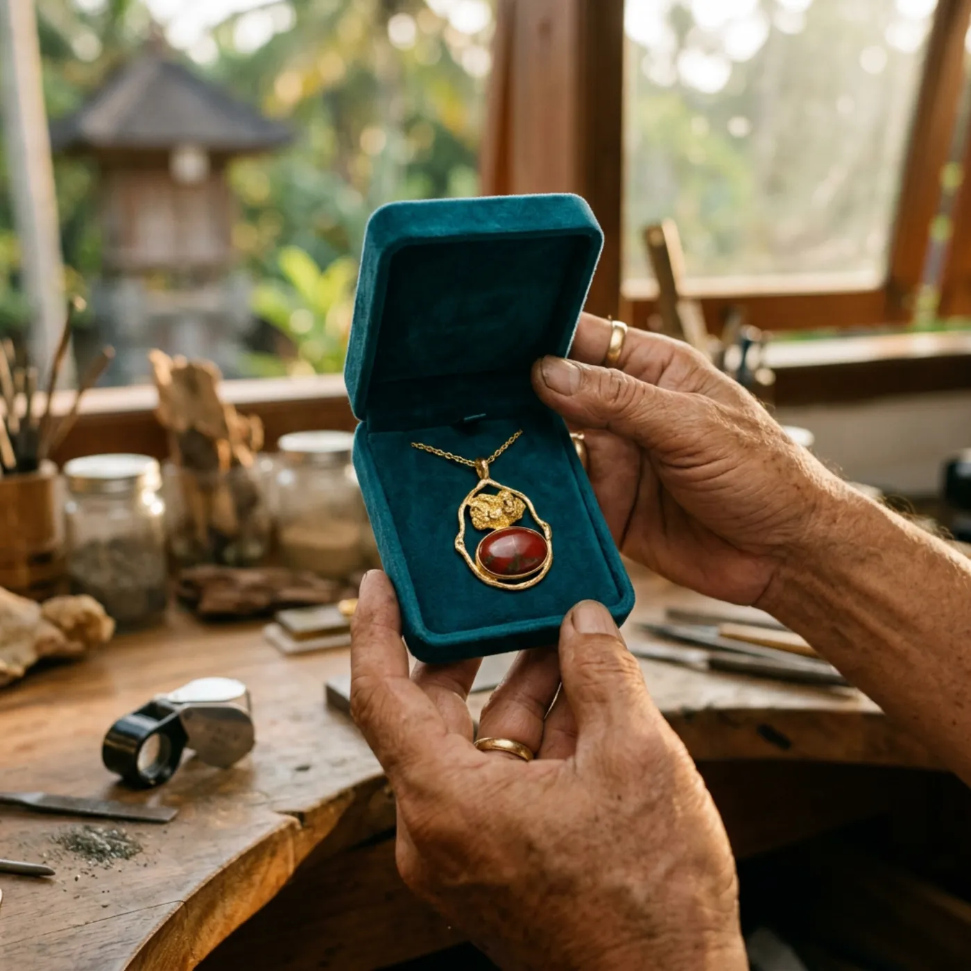 Gold pendant with your own nugget and jasper